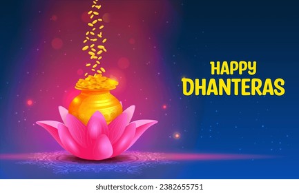 illustration of Gold coin in pot for Dhantera celebration on Happy Diwali light festival of India background