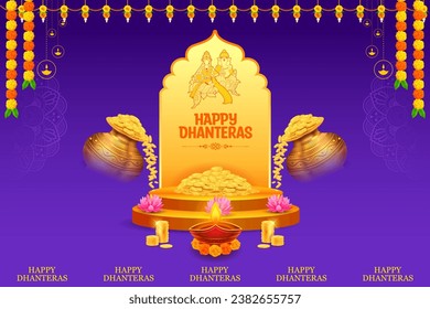 illustration of Gold coin in pot for Dhantera celebration on Happy Diwali light festival of India background