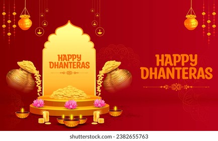 illustration of Gold coin in pot for Dhantera celebration on Happy Diwali light festival of India background