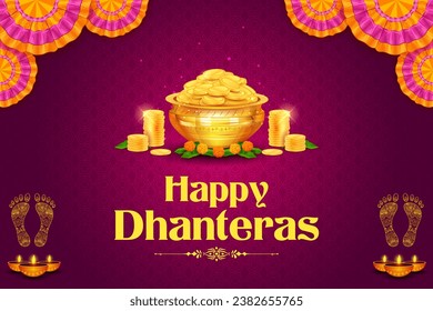 illustration of Gold coin in pot for Dhantera celebration on Happy Diwali light festival of India background