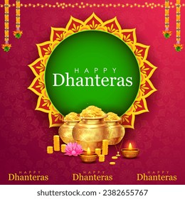 illustration of Gold coin in pot for Dhantera celebration on Happy Diwali light festival of India background