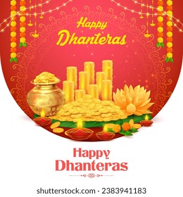 illustration of Gold coin in pot for Dhantera celebration on Happy Diwali light festival of India background