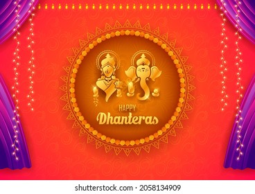 illustration of Gold coin in pot for Dhanteras celebration on Happy Diwali light festival of India background