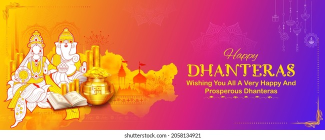 illustration of Gold coin in pot for Dhanteras celebration on Happy Diwali light festival of India background