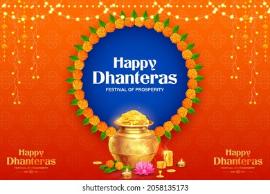 Illustration Of Gold Coin In Pot For Dhanteras Celebration On Happy Diwali Light Festival Of India Background