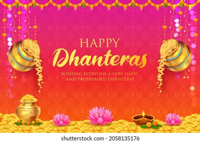 illustration of Gold coin in pot for Dhanteras celebration on Happy Diwali light festival of India background