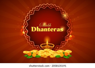 illustration of Gold coin in pot for Dhanteras celebration on Happy Diwali light festival of India background