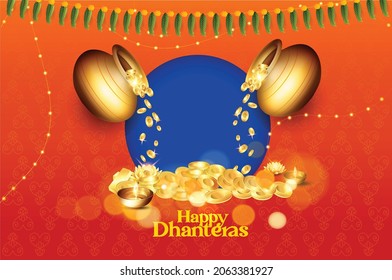 Illustration Of Gold Coin In Pot For  Happy Dhanteras Celebration 
