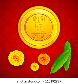 illustration of gold coin with shubh laav engraved for traditional festival
