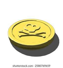 Illustration of a gold coin with a skull and crossbones symbol, symbolizing piracy, danger, or treasure, showcased on a white backdrop. Ideal for themes involving adventure, caution, or wealth.