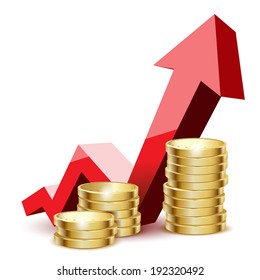 Illustration of gold coins and arrow on a white background. Vector.