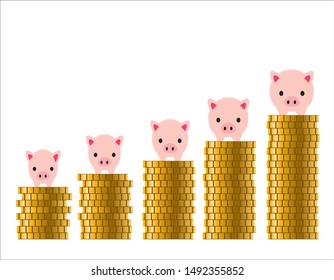 Illustration of gold coins lined up in steps, business, finance and banking infographics. Image illustration of pig piggy bank, financial image.
