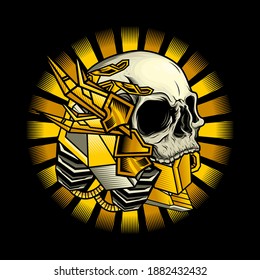 Illustration of gold cyborg skull head detailed design vector