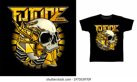 Illustration of gold cyborg skull head detailed vector design