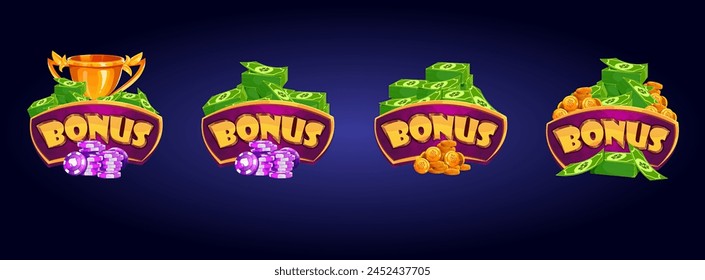 illustration; gold; design; sign; button; vector; graphic; purple; bonus; coins; dollars; cup; chips; blue; banknotes; green; frame; clipart; gambling; cartoon; set; medals;