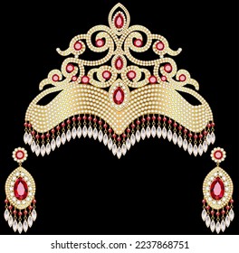 Illustration of gold diadem tiara and earrings with precious stones