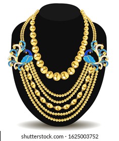 Illustration of a gold feminine necklace with peacock beads