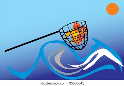 illustration with gold fish in net