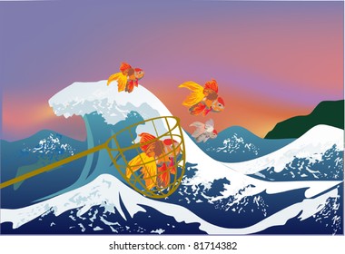 illustration with gold fish in net