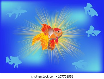 illustration with gold fish on blue background