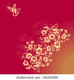 illustration of gold flowers and butterflies on a scarlet background vetor