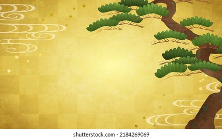 Illustration of a gold folding screen with pine and gold leaf