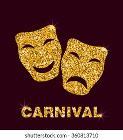 Illustration Gold Glittering Carnival Theater Mask on Dark Background - Vector