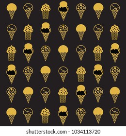 Illustration of a gold ice cream pattern on a black background./ Vector design./ Different types of ice cream patterns. 