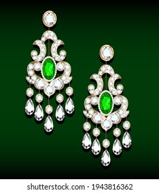 Illustration of gold jewelry earrings with emerald and precious stones