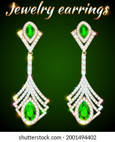 Illustration of gold jewelry earrings with emerald  and precious stones