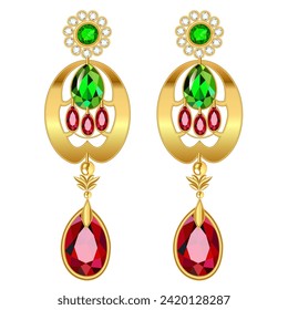 Illustration of gold jewelry earrings with precious stones isolated on a white background