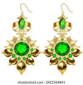 Illustration of gold jewelry earrings with precious stones isolated on a white background