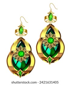 Illustration of gold jewelry earrings with precious stones isolated on a white background