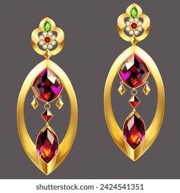 Illustration of gold jewelry earrings with precious stones