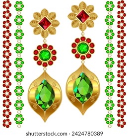 Illustration of gold jewelry earrings with precious stones