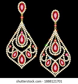 Illustration of gold jewelry earrings with ruby and precious stones