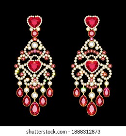 Illustration of gold jewelry earrings with ruby and precious stones