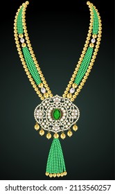 Illustration of gold jewelry necklace with beads, emeralds and precious stones 