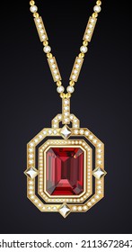 Illustration of gold jewelry pendant with ruby and precious stones