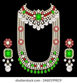 Illustration of gold jewelry set of necklace with earrings Indian with precious stones