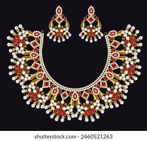 Illustration of gold jewelry set of necklace with earrings Indian with precious stones