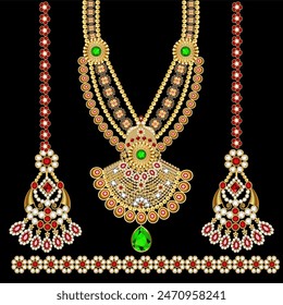 Illustration of gold jewelry set of necklace with earrings Indian with precious stones