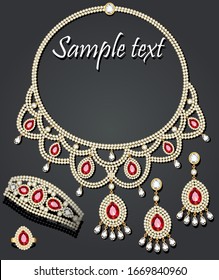 Illustration of a gold jewelry set of women's necklace, earrings, bracelet and ring with rubies and reflection