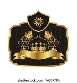 Illustration gold label with grapevine with crown - vector