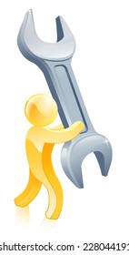 An illustration of a gold mascot man with a giant wrench