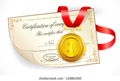 illustration of gold medal on certificate of completion