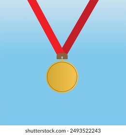 Illustration of gold medal with red ribbon on cyan background