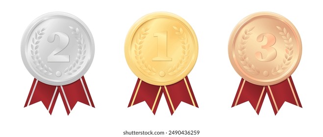 Illustration of gold medal, silver medal and bronze medal with red ribbons