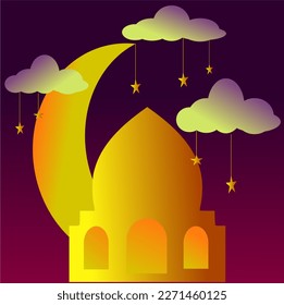 illustration of a gold mosque decorated with clouds and stars in the holy month