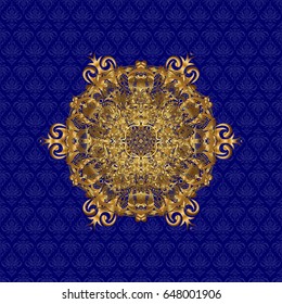 Illustration gold pattern on a blue background. Concept unusual abstract luxury decor. Template for creating logo, icon, symbol, emblem, monogram frame. Linear trend style. Vector design element.